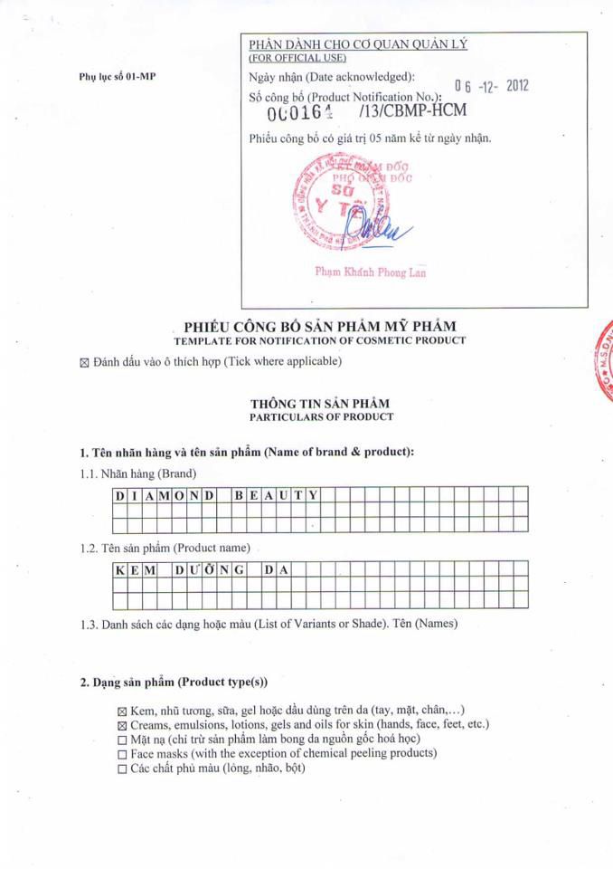 phiếu công bố mỹ phẩm 