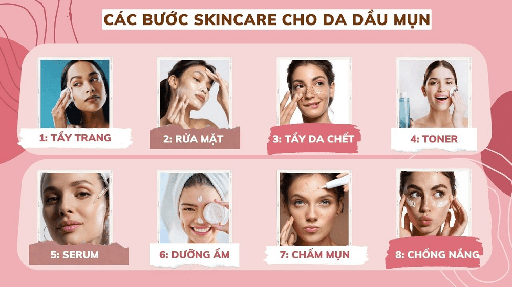 Một quy trình skincare trị mụn buổi tối bài bản sẽ bao gồm từ 6–8 bước tùy tình trạng da và nhu cầu cụ thể. Dưới đây là hướng dẫn từng bước giúp bạn xây dựng chu trình tối ưu: